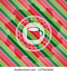 coffee cup icon inside christmas colors style badge.