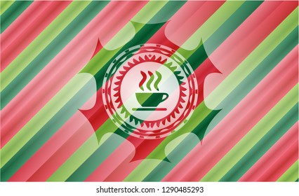 coffee cup icon inside christmas badge background.