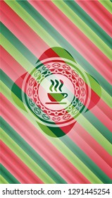 coffee cup icon inside christmas colors emblem.