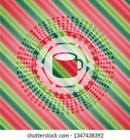 coffee cup icon inside christmas colors emblem.