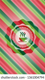 coffee cup icon inside christmas colors emblem.