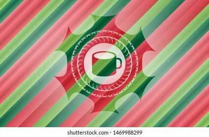 coffee cup icon inside christmas colors style badge.