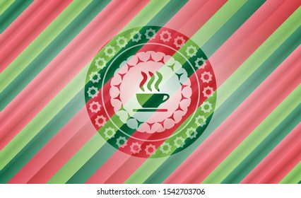 coffee cup icon inside christmas badge background.