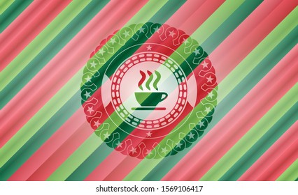 coffee cup icon inside christmas badge background.