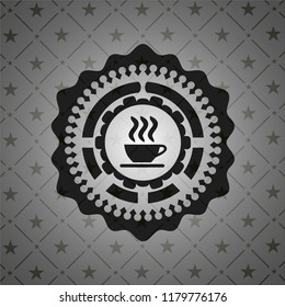 coffee cup icon inside dark emblem. Retro