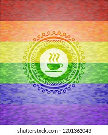 coffee cup icon inside emblem on mosaic background with the colors of the LGBT flag