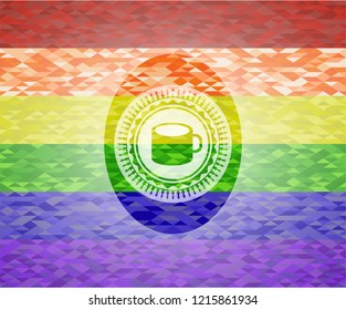 coffee cup icon inside emblem on mosaic background with the colors of the LGBT flag