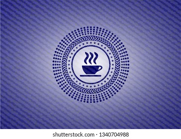 coffee cup icon inside emblem with jean background