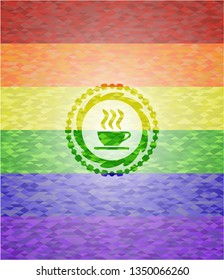 coffee cup icon inside emblem on mosaic background with the colors of the LGBT flag