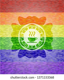 coffee cup icon inside emblem on mosaic background with the colors of the LGBT flag