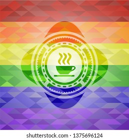 coffee cup icon inside emblem on mosaic background with the colors of the LGBT flag