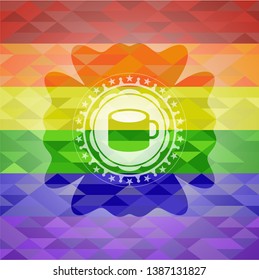 coffee cup icon inside emblem on mosaic background with the colors of the LGBT flag