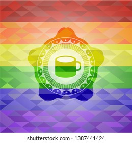 coffee cup icon inside emblem on mosaic background with the colors of the LGBT flag