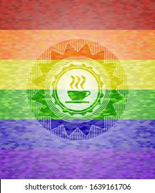 coffee cup icon inside emblem on mosaic background with the colors of the LGBT flag