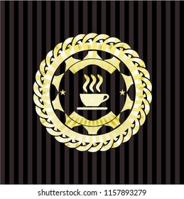 coffee cup icon inside gold badge or emblem