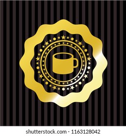 coffee cup icon inside gold shiny badge