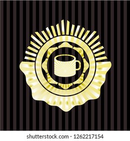 coffee cup icon inside gold shiny badge