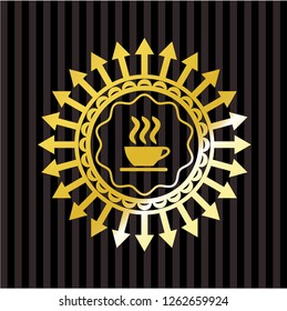 coffee cup icon inside gold badge or emblem