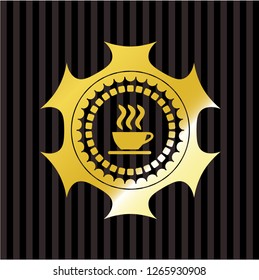 coffee cup icon inside gold badge or emblem