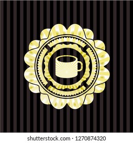 coffee cup icon inside gold shiny badge