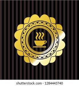 coffee cup icon inside gold emblem