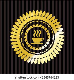 coffee cup icon inside gold badge or emblem