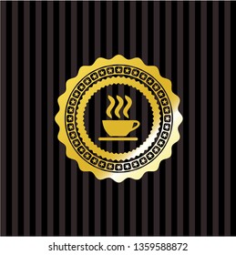 coffee cup icon inside gold badge or emblem