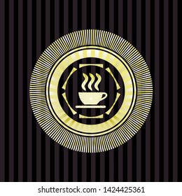coffee cup icon inside gold shiny badge
