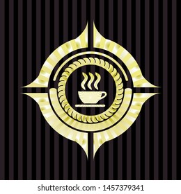 coffee cup icon inside gold emblem