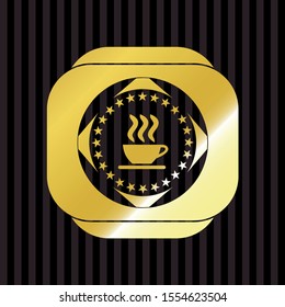 coffee cup icon inside gold badge