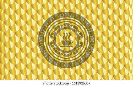 coffee cup icon inside gold shiny emblem. Scales pattern. Vector Illustration. Detailed.