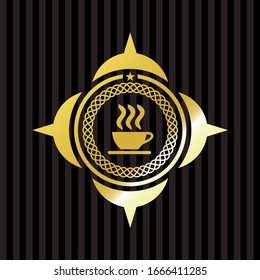 coffee cup icon inside gold emblem or badge