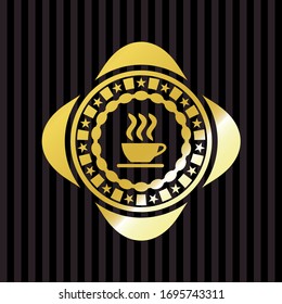 coffee cup icon inside gold emblem or badge