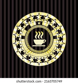 coffee cup icon inside gold emblem. 