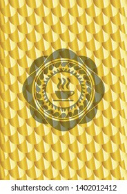 coffee cup icon inside golden emblem. Scales pattern. Vector Illustration. Detailed.