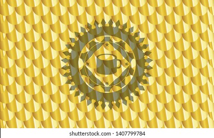 coffee cup icon inside golden emblem. Scales pattern. Vector Illustration. Detailed.