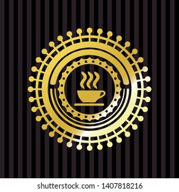coffee cup icon inside golden emblem