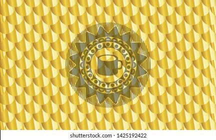 coffee cup icon inside golden emblem. Scales pattern. Vector Illustration. Detailed.
