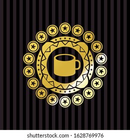 coffee cup icon inside golden emblem or badge
