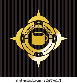 coffee cup icon inside golden emblem or badge. 