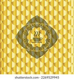 coffee cup icon inside golden emblem or badge. Scales pattern. Vector Illustration. Detailed. 