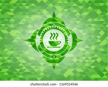 coffee cup icon inside green emblem with mosaic ecological style background