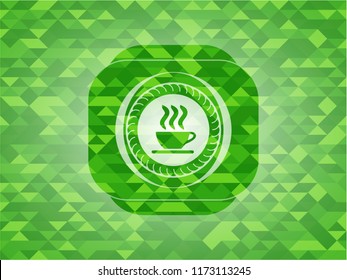 coffee cup icon inside green emblem with mosaic ecological style background