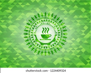 coffee cup icon inside green emblem with mosaic background