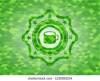 coffee cup icon inside green emblem. Mosaic background