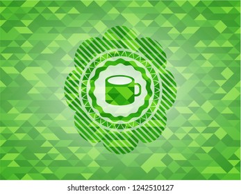 coffee cup icon inside green emblem with mosaic background