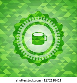 coffee cup icon inside green emblem with mosaic ecological style background