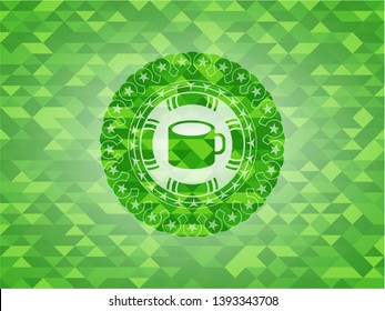 coffee cup icon inside green emblem. Mosaic background