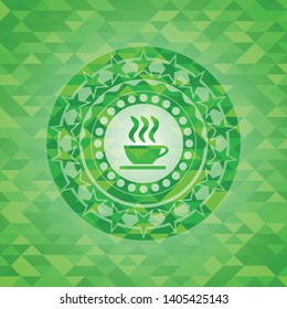 coffee cup icon inside green mosaic emblem