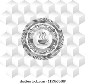 coffee cup icon inside grey icon or emblem with geometric cube white background